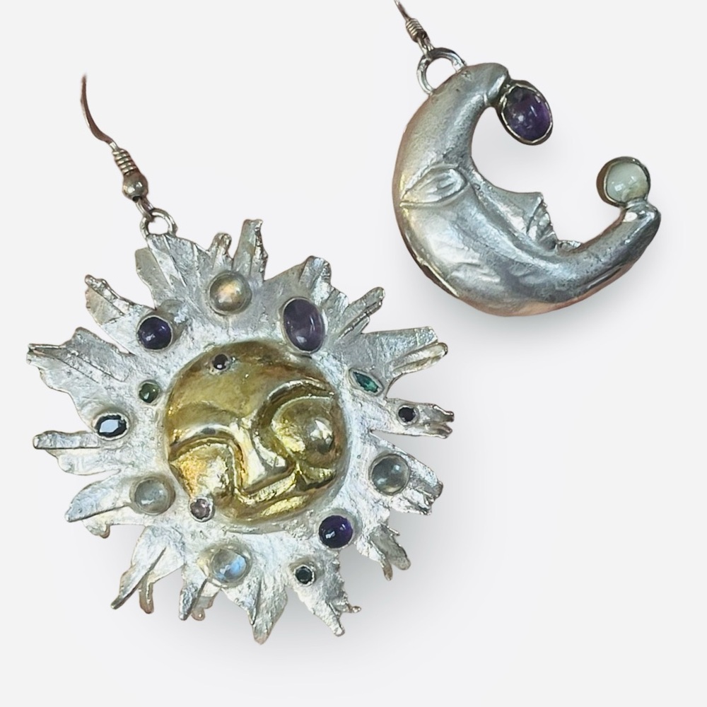 Pure Silver Artisan Amethyst Moonstone Garnet Sun and Moon Earrings By C + R